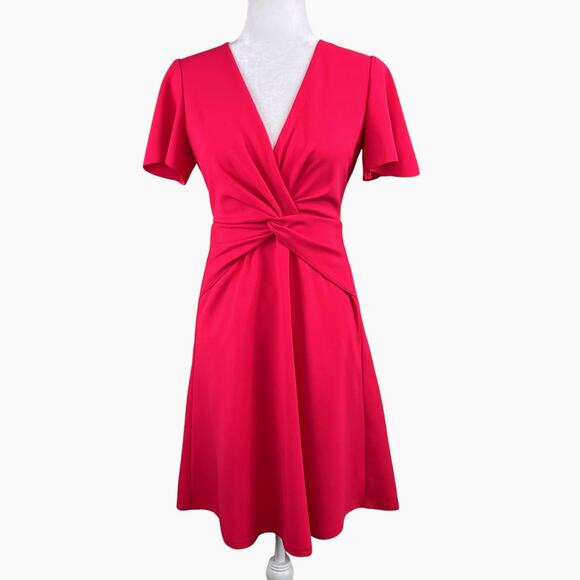 Maggy London Pink Twist Flutter Sleeve Surplice Fit & Flare Mini Dress 2 NWOT - Picture 3 of 13